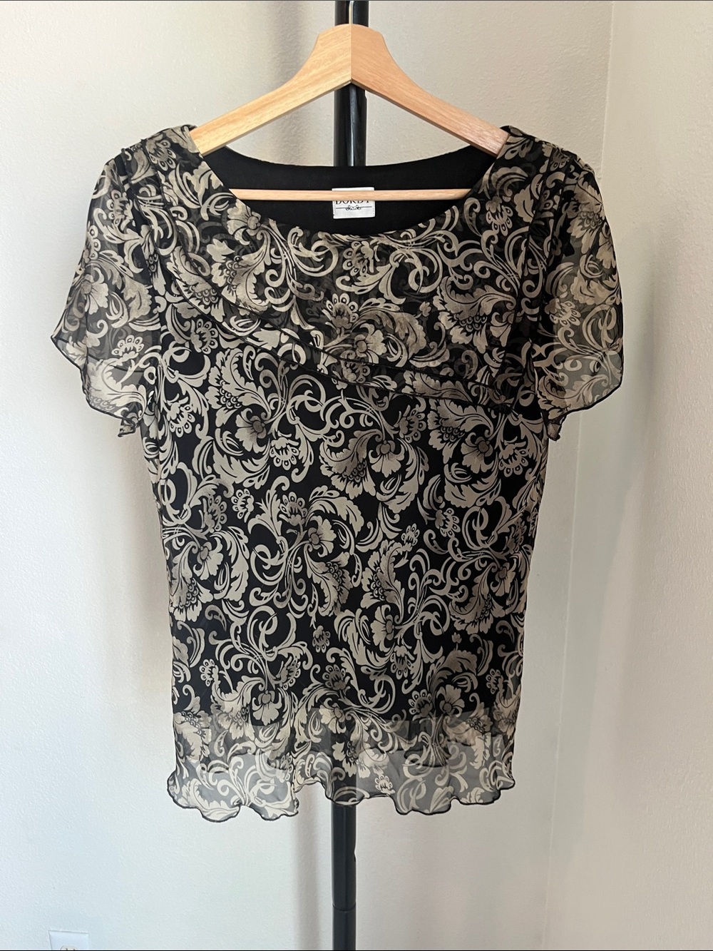 Elegant Black and Beige Floral Sheer Blouse